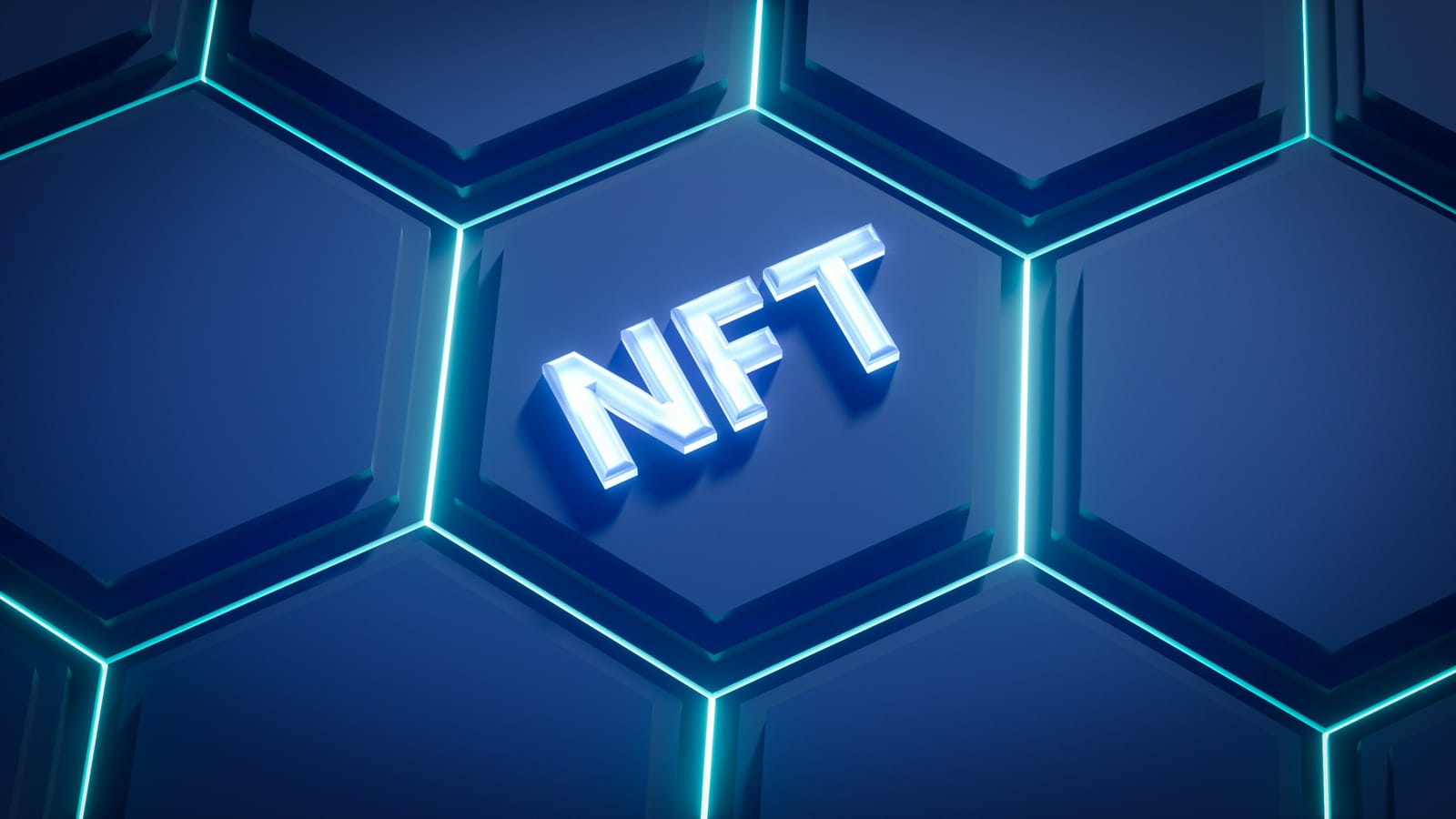 青く光る六角形の上にNFTの文字が浮かぶイメージ